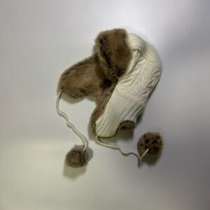 y2k cable knit faux fur pom pom trapper hat